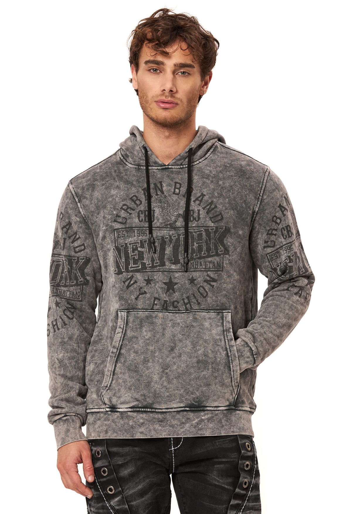 CL596 Erkek Kapüşonlu Sweatshirt – Şehir Baskılı ve Asit Yıkamalı Kapüşonlu Kazak New York Esintili Sokak Giyim