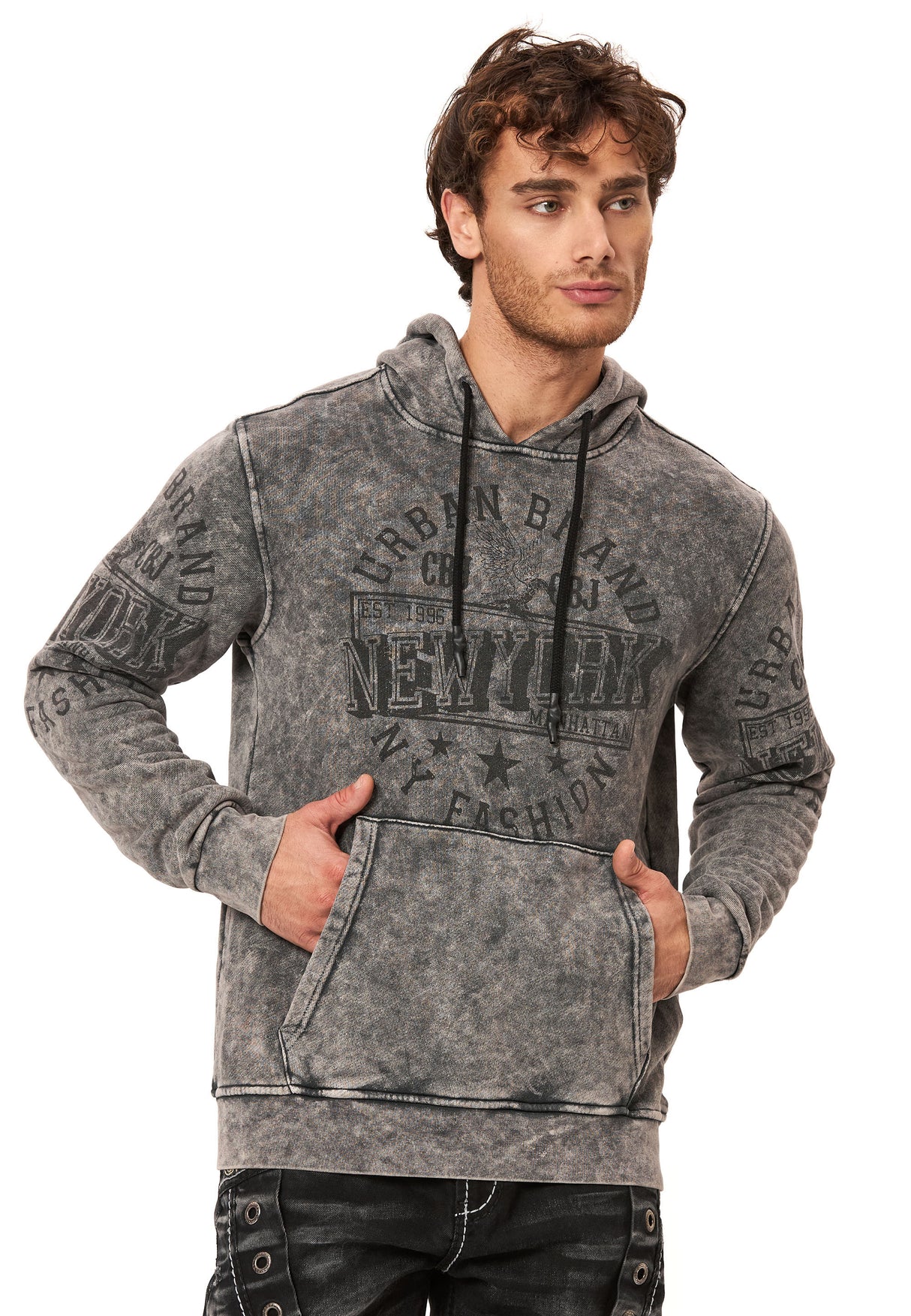 CL596 Erkek Kapüşonlu Sweatshirt – Şehir Baskılı ve Asit Yıkamalı Kapüşonlu Kazak New York Esintili Sokak Giyim