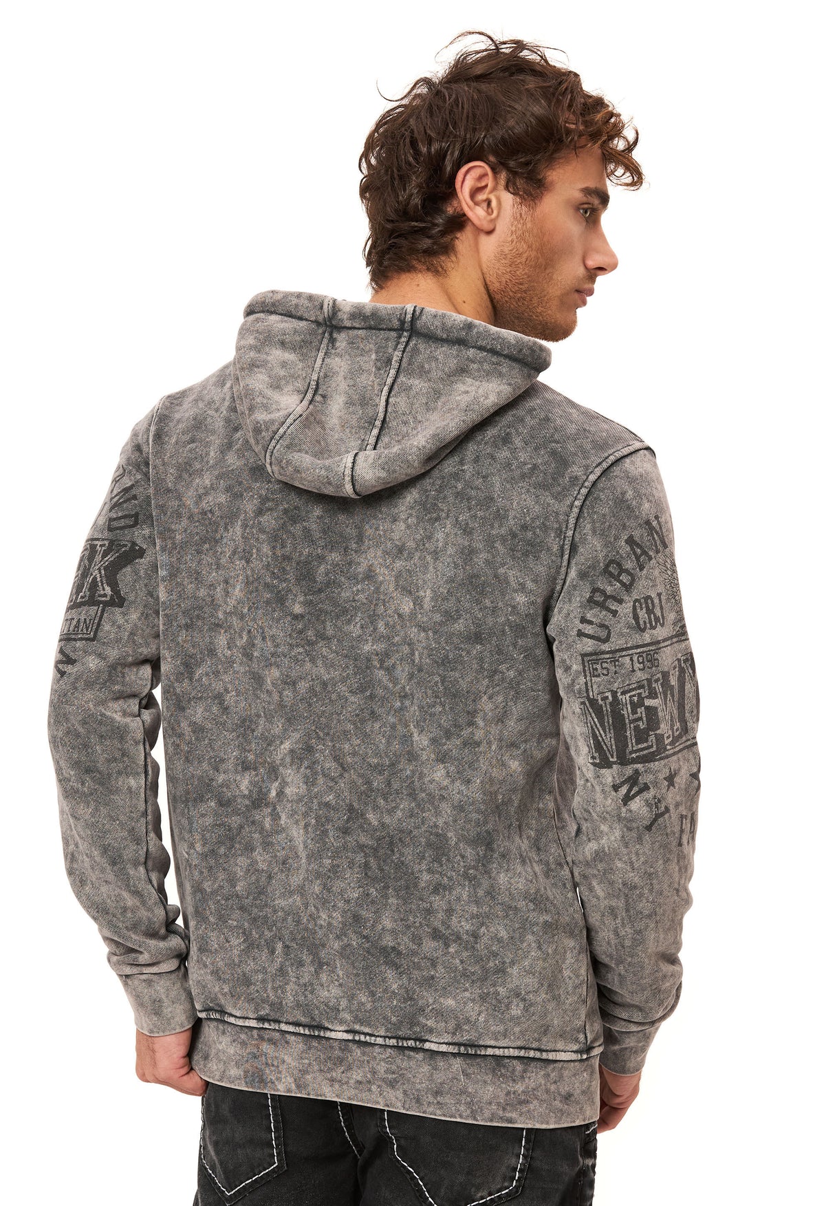 CL596 Erkek Kapüşonlu Sweatshirt – Şehir Baskılı ve Asit Yıkamalı Kapüşonlu Kazak New York Esintili Sokak Giyim