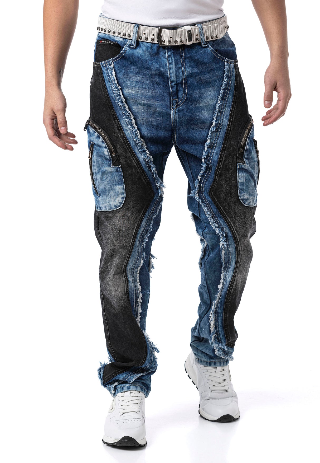 Erkek Loose Fit Kontrast Parçalı Kargo Cepli Eskitme Denim Jean Pantolon CD909
