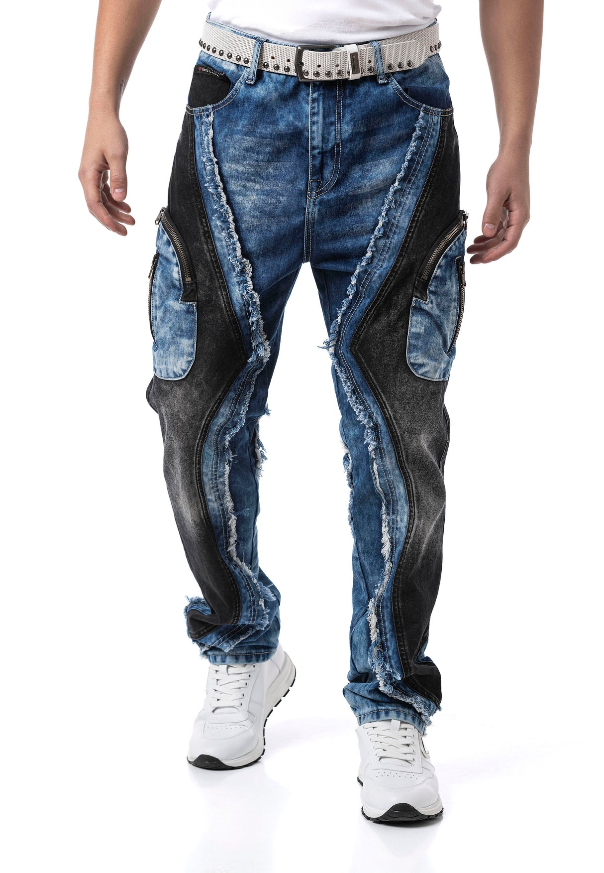 Erkek Loose Fit Kontrast Parçalı Kargo Cepli Eskitme Denim Jean Pantolon CD909