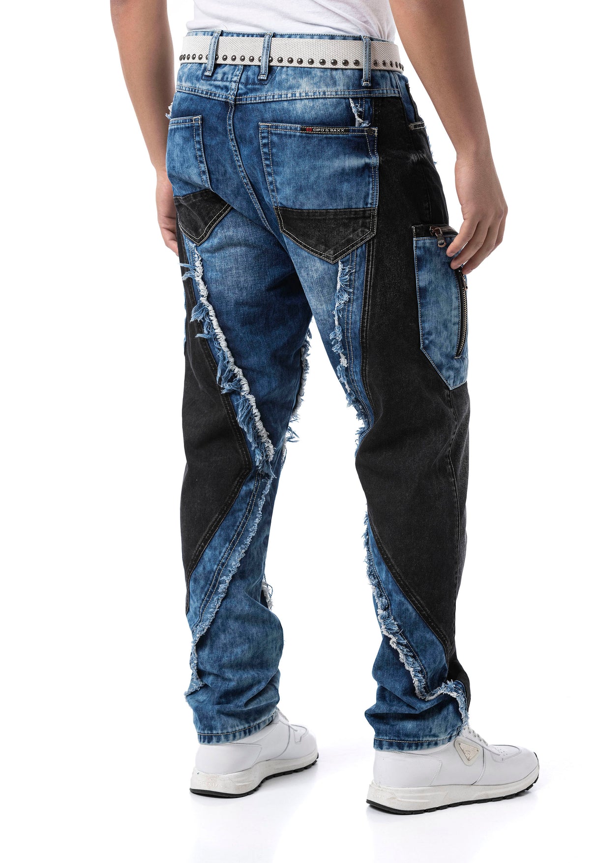 Erkek Loose Fit Kontrast Parçalı Kargo Cepli Eskitme Denim Jean Pantolon CD909