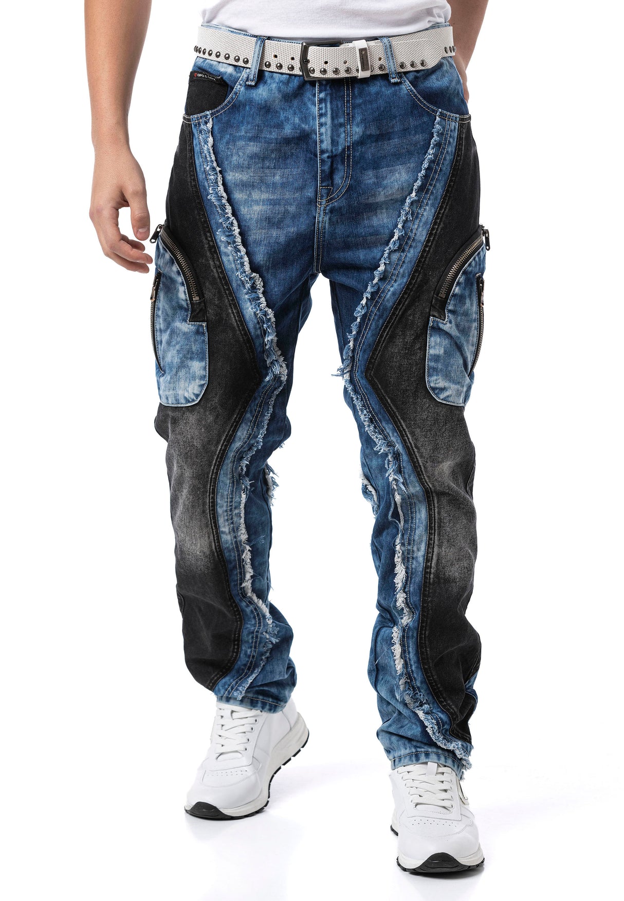 Erkek Loose Fit Kontrast Parçalı Kargo Cepli Eskitme Denim Jean Pantolon CD909