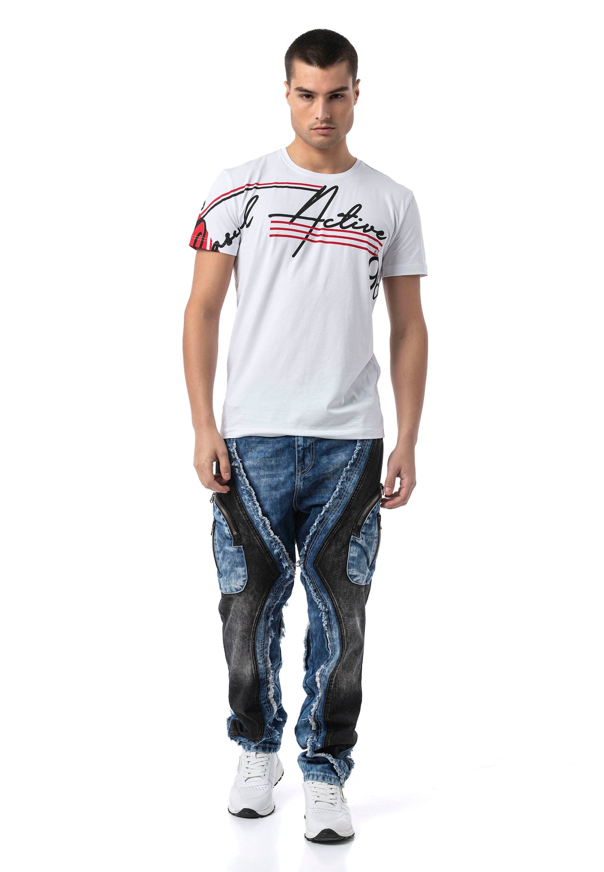 Erkek Loose Fit Kontrast Parçalı Kargo Cepli Eskitme Denim Jean Pantolon CD909