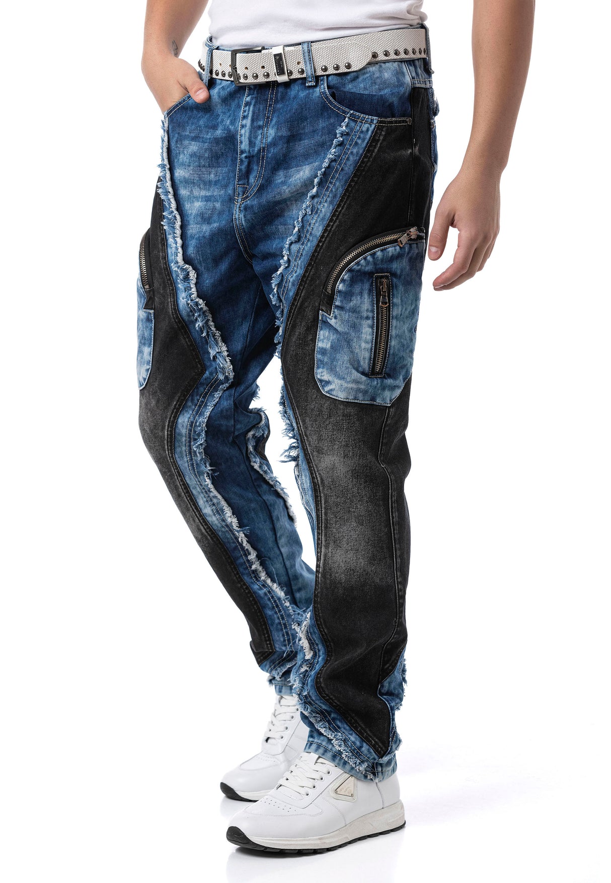 Erkek Loose Fit Kontrast Parçalı Kargo Cepli Eskitme Denim Jean Pantolon CD909