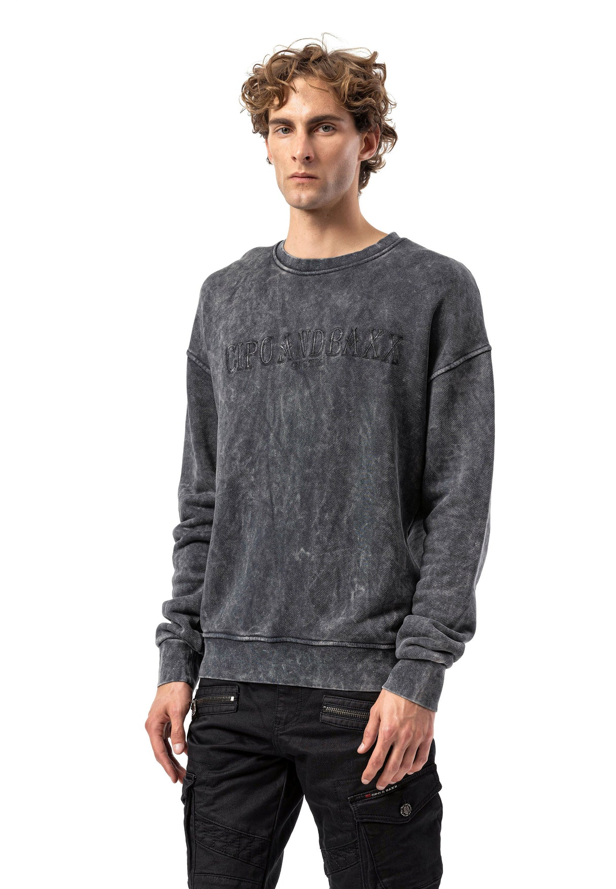 CL595 Erkek Sweatshirt - Yıkanmış Görünümlü, Yuvarlak Yakalı
