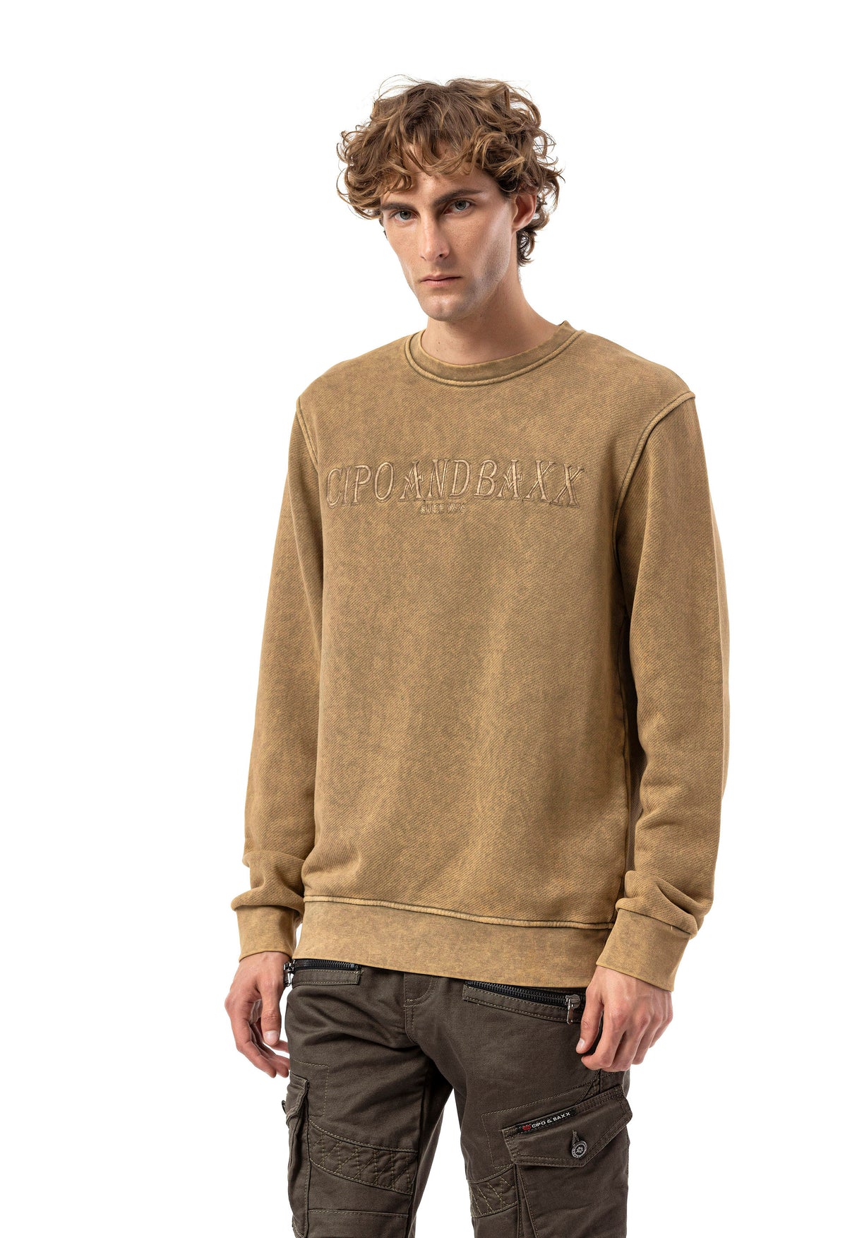 CL595 Erkek Sweatshirt - Yıkanmış Görünümlü, Yuvarlak Yakalı