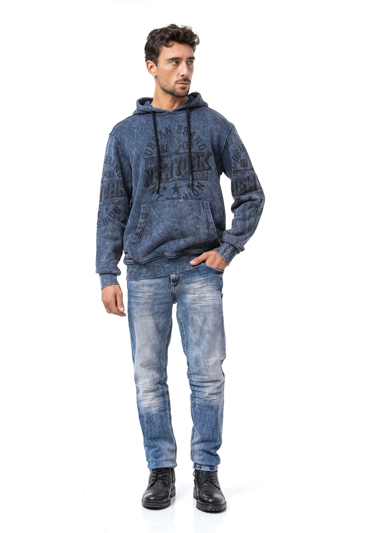 CL596 Erkek Kapüşonlu Sweatshirt – Şehir Baskılı ve Asit Yıkamalı Kapüşonlu Kazak New York Esintili Sokak Giyim