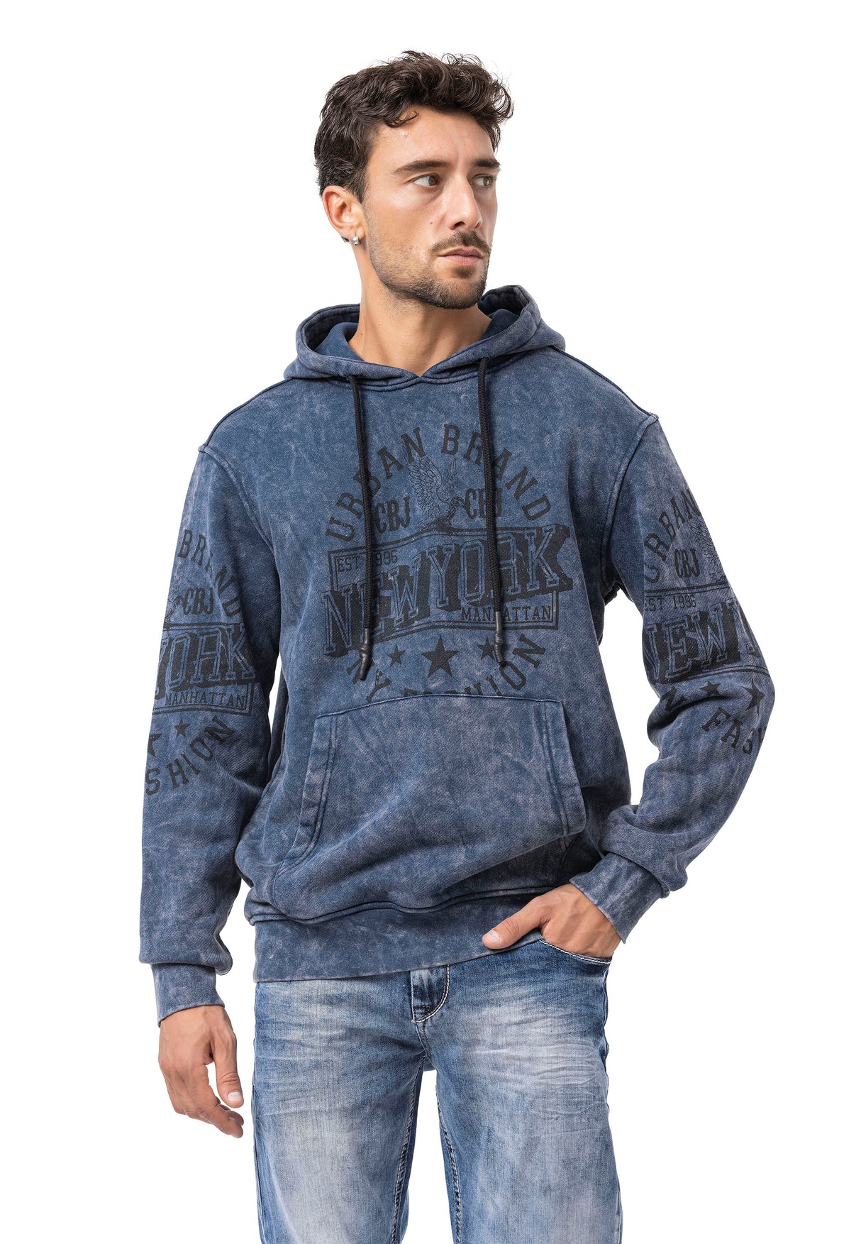 CL596 Erkek Kapüşonlu Sweatshirt – Şehir Baskılı ve Asit Yıkamalı Kapüşonlu Kazak New York Esintili Sokak Giyim