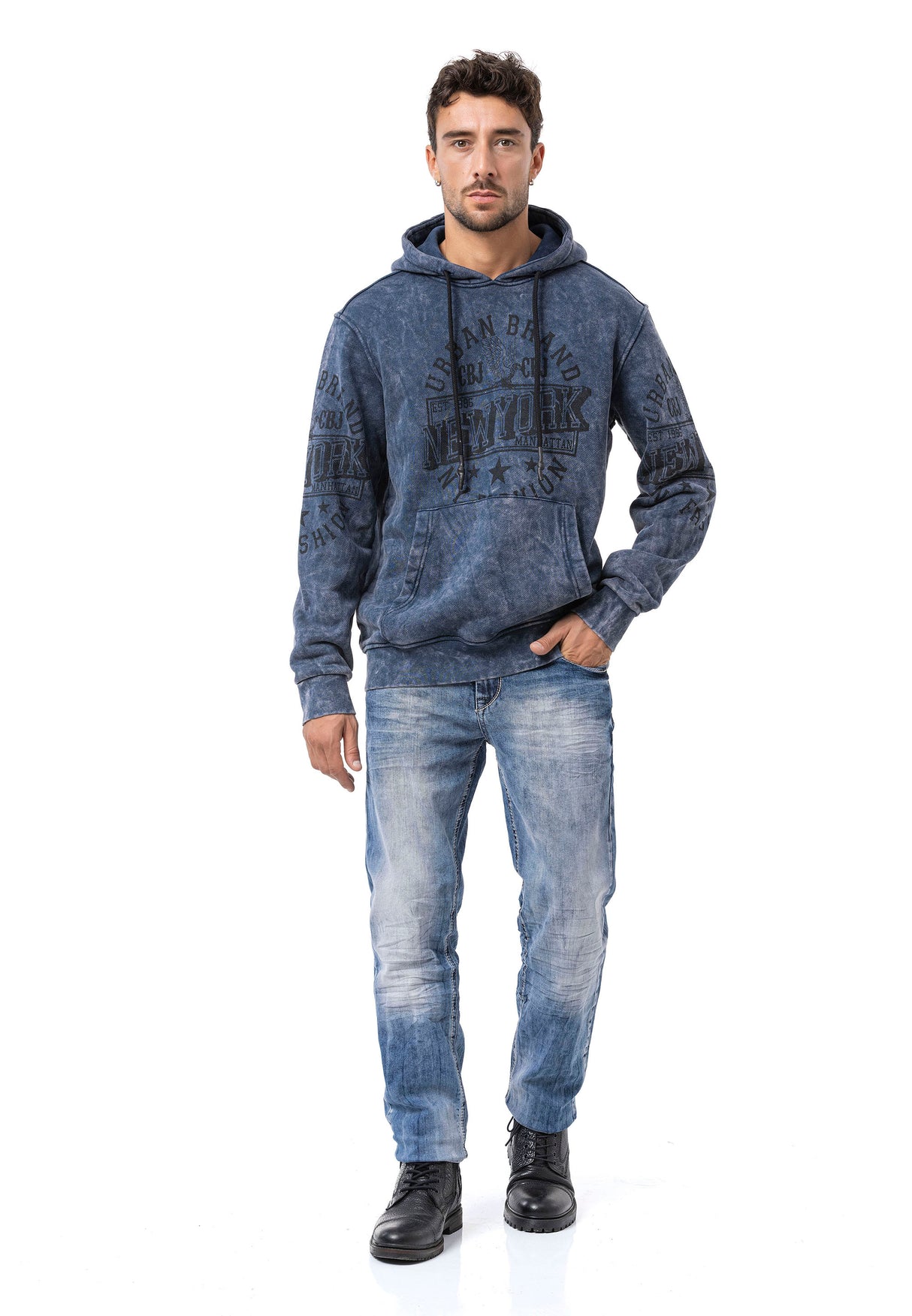 CL596 Erkek Kapüşonlu Sweatshirt – Şehir Baskılı ve Asit Yıkamalı Kapüşonlu Kazak New York Esintili Sokak Giyim