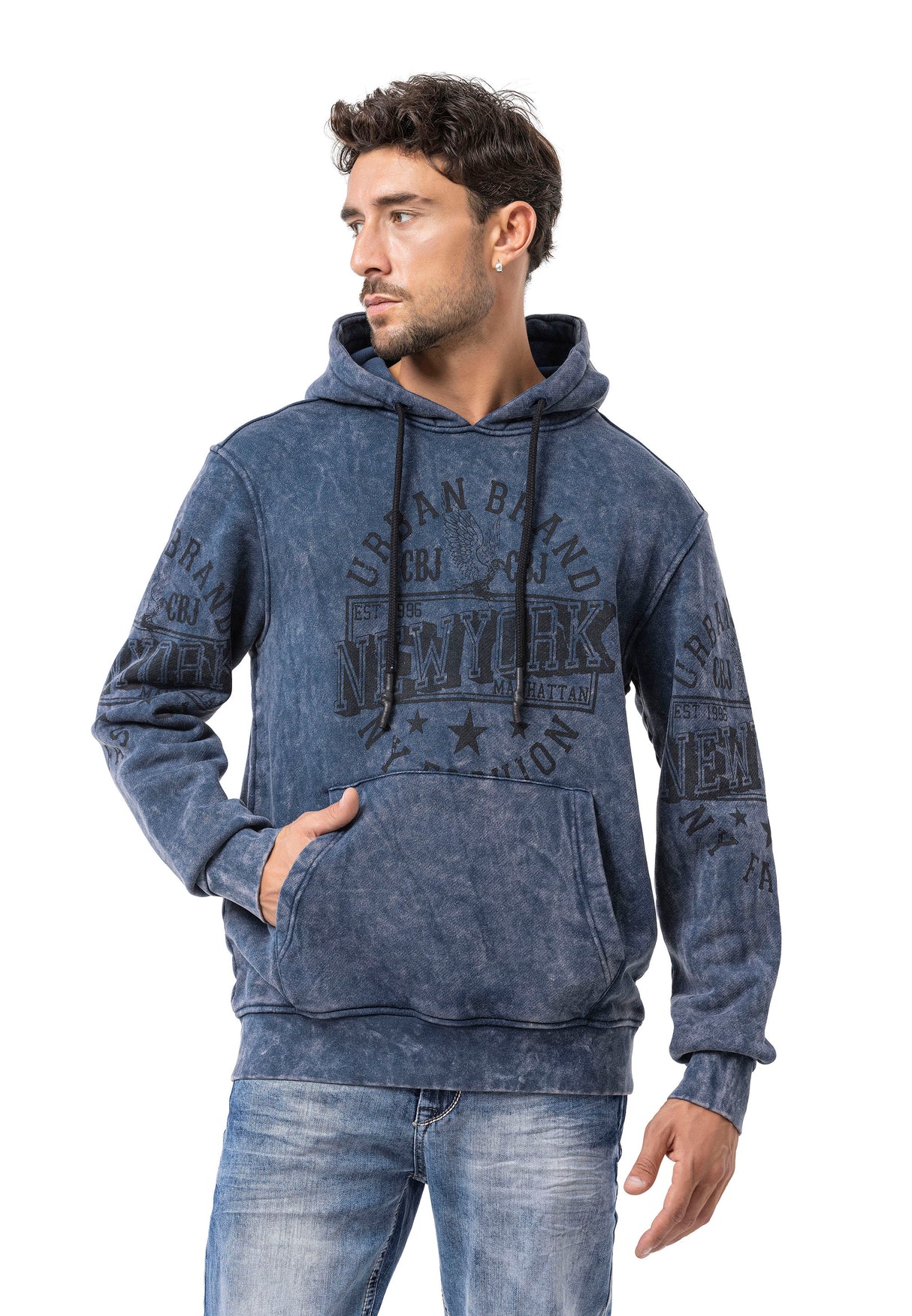 CL596 Erkek Kapüşonlu Sweatshirt – Şehir Baskılı ve Asit Yıkamalı Kapüşonlu Kazak New York Esintili Sokak Giyim