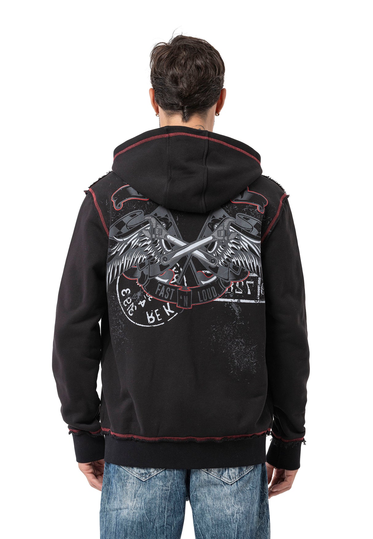 CL598 Erkek Kapüşonlu Sweatshirt – Kartal Baskılı ve "CHROME BLACK 1996" Tasarımlı Rock Tarzı Sokak Giyim Görünümü
