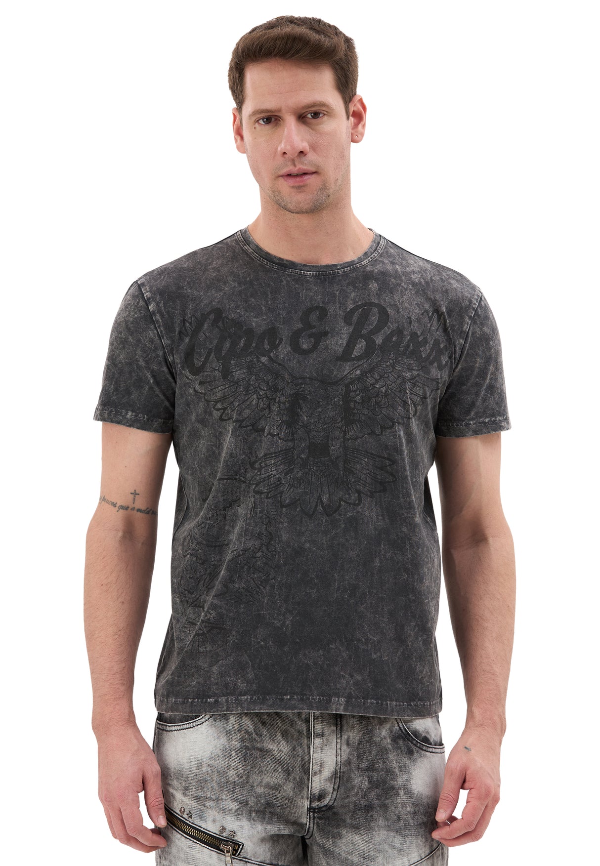Erkek Vintage Görünümlü Kartal Baskılı T-Shirt - CT833