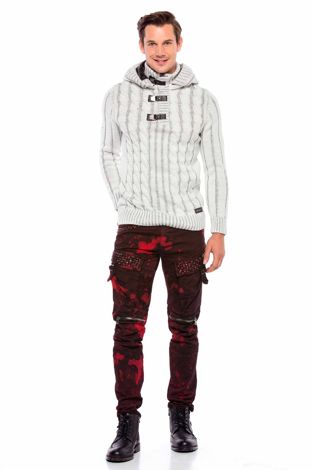 CP214 Peluş Kapşonlu Yakalı Örme Desen Kalın Kazak