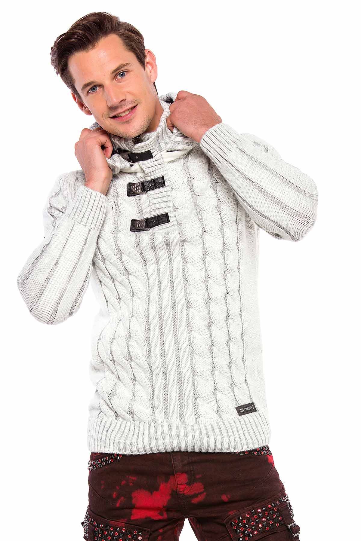 CP214 Peluş Kapşonlu Yakalı Örme Desen Kalın Kazak