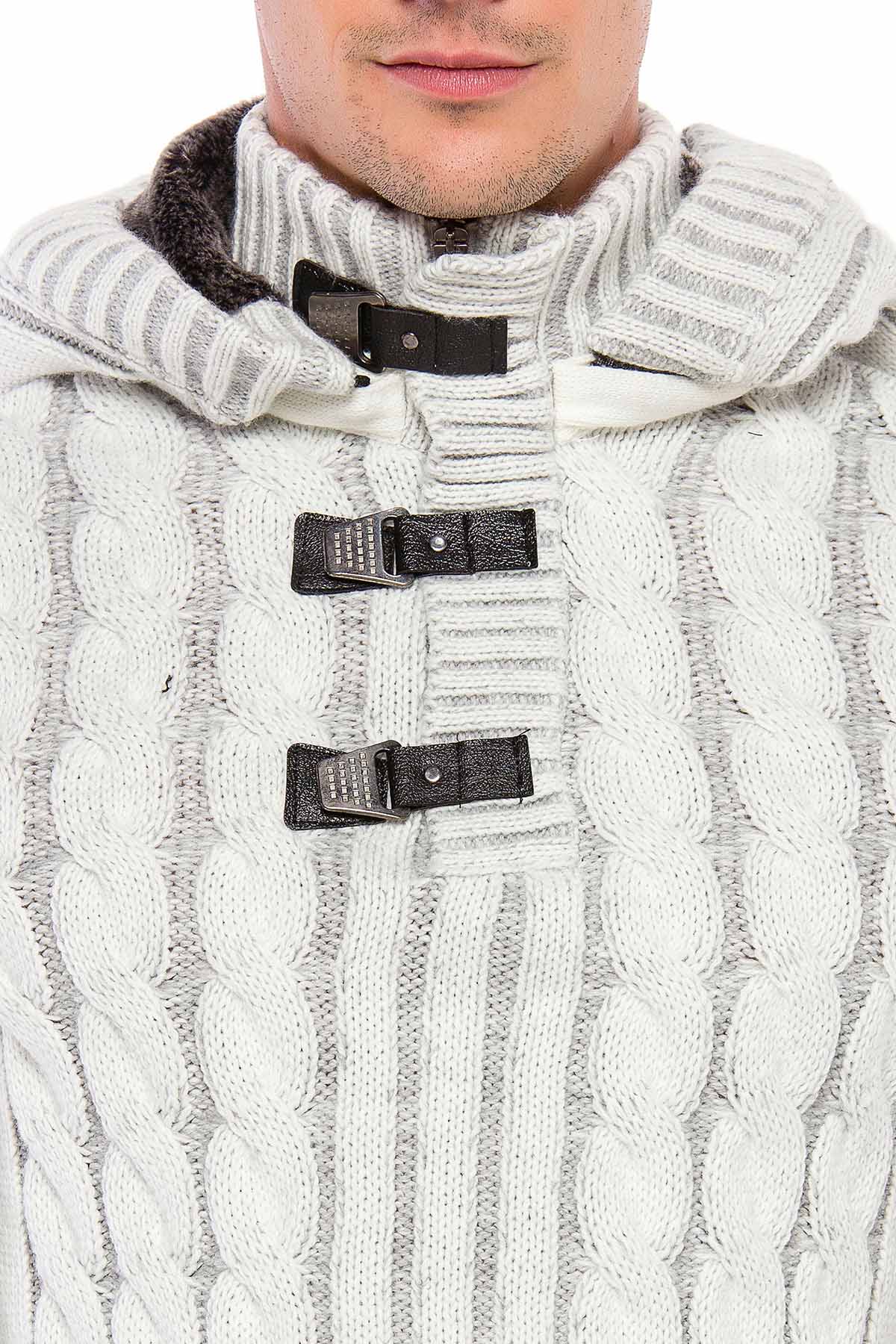 CP214 Peluş Kapşonlu Yakalı Örme Desen Kalın Kazak