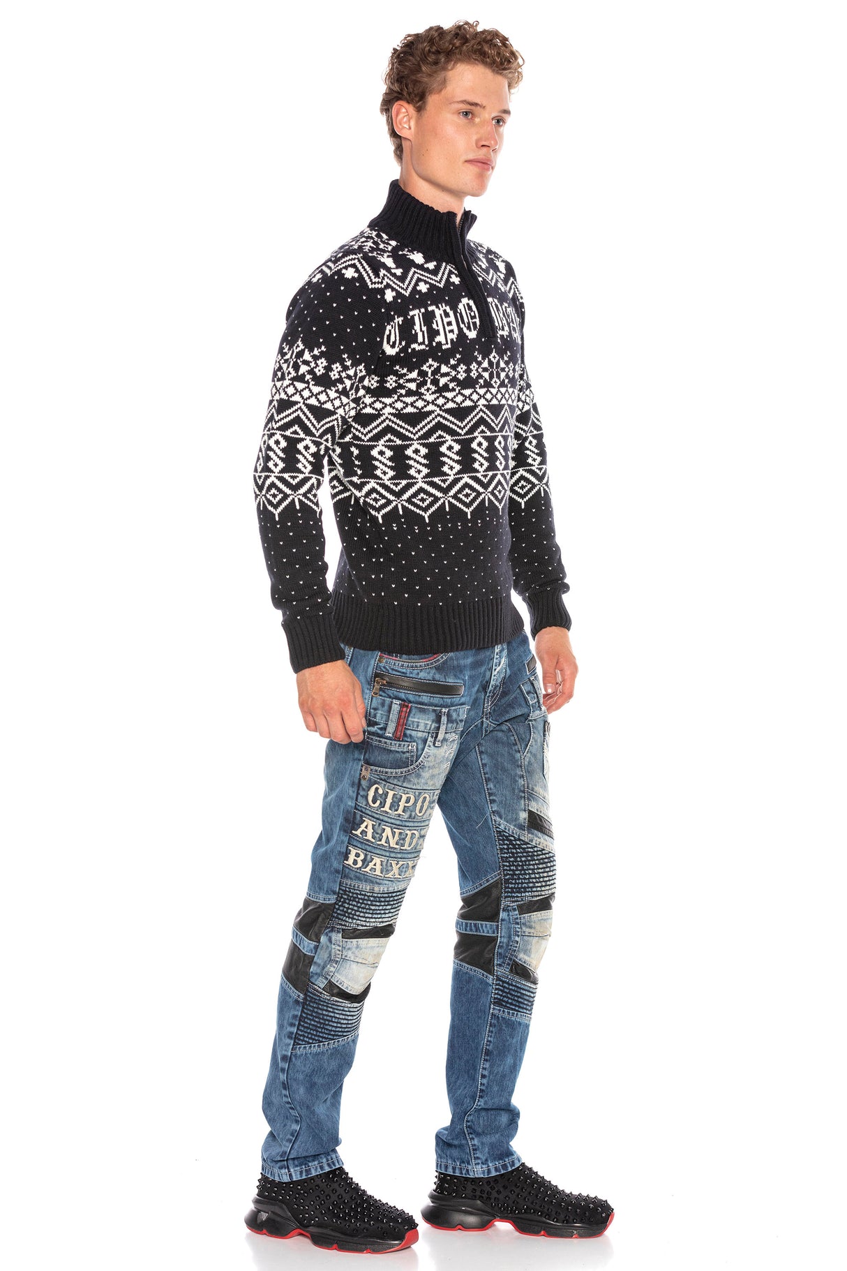 CP233 Dik Yaka Fermuarlı Desenli Kalın Kazak