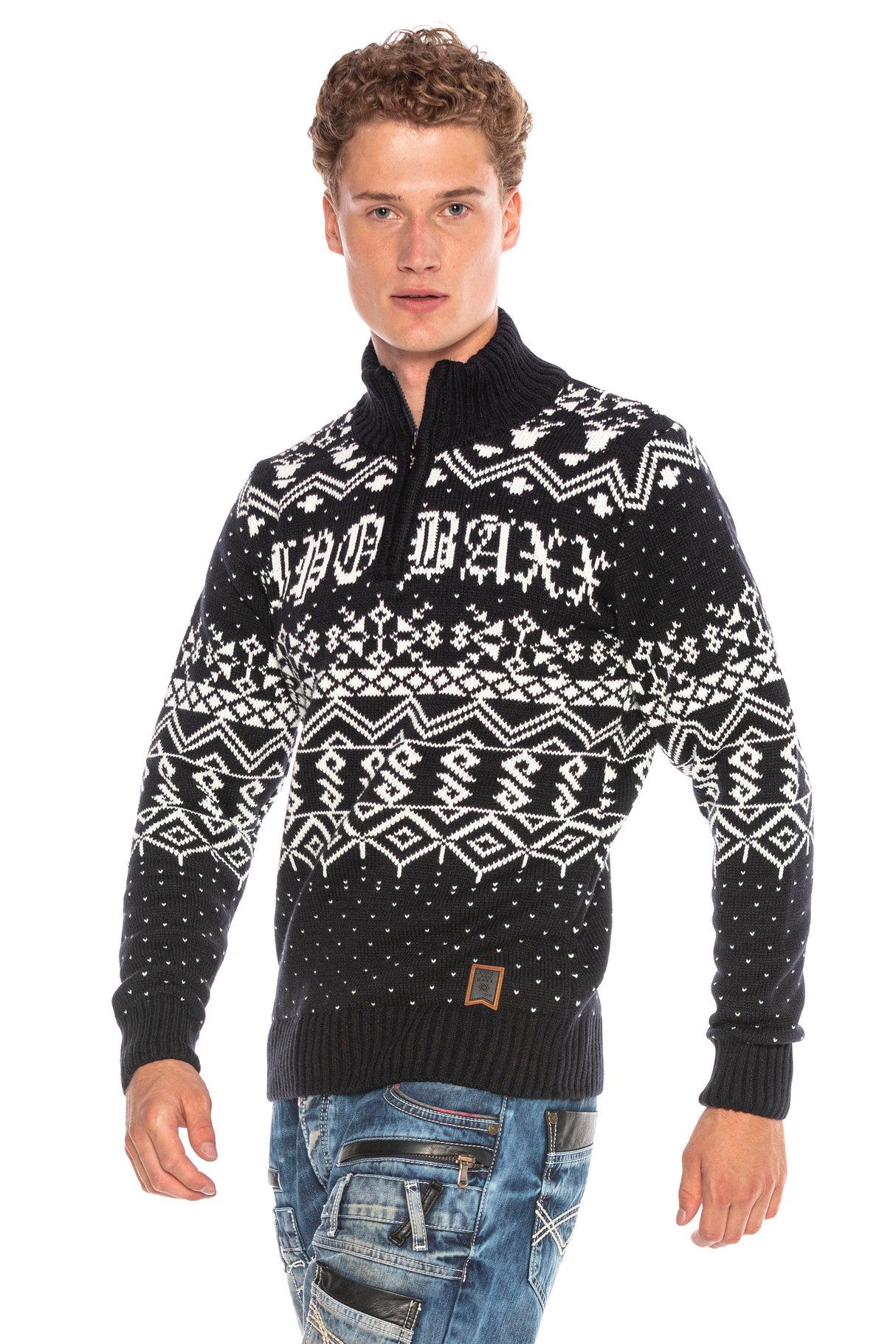 CP233 Dik Yaka Fermuarlı Desenli Kalın Kazak