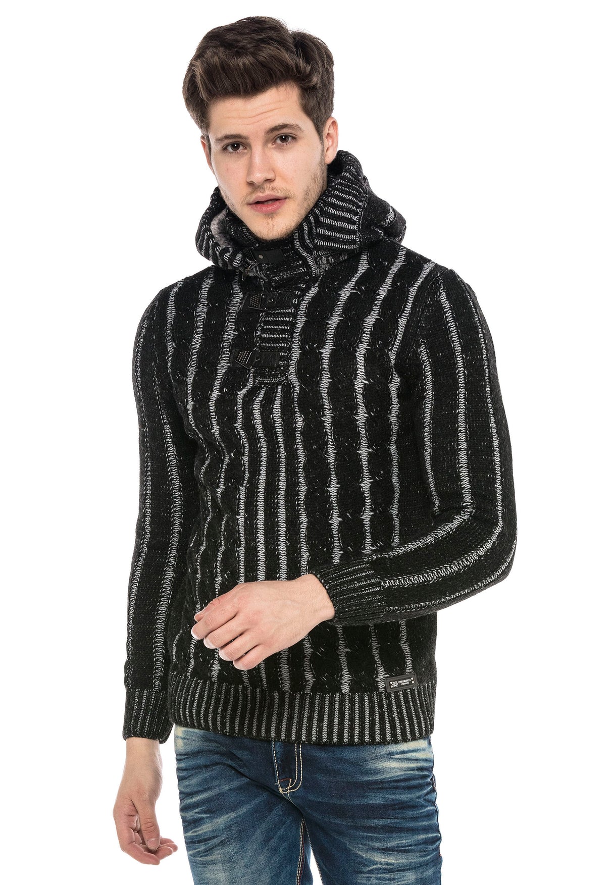 CP214 Peluş Kapşonlu Yakalı Örme Desen Kalın Kazak