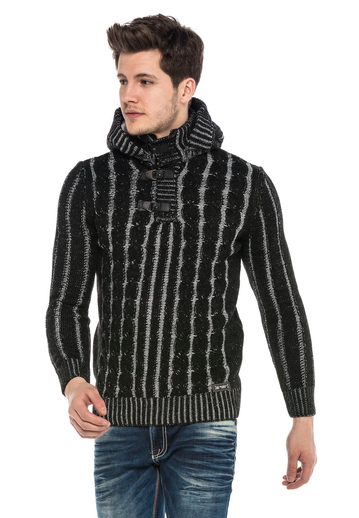 CP214 Peluş Kapşonlu Yakalı Örme Desen Kalın Kazak