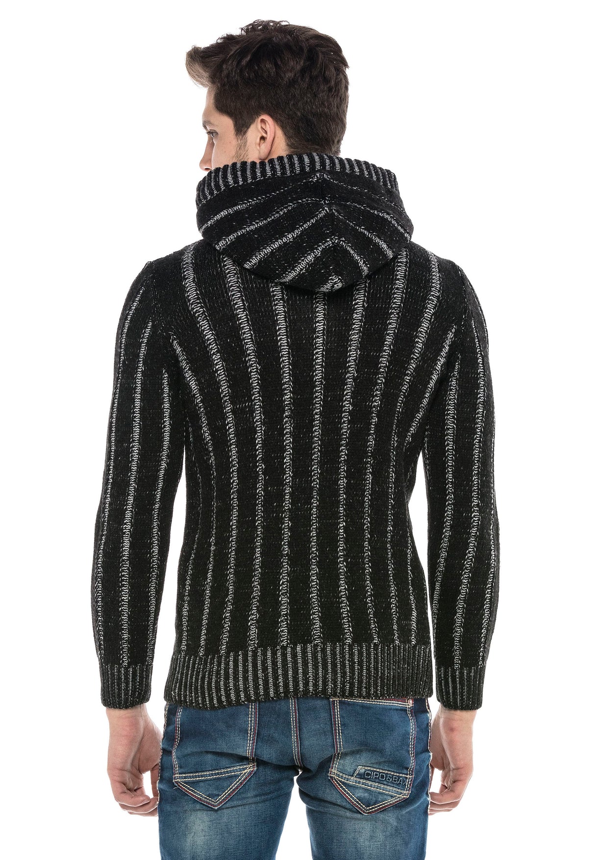 CP214 Peluş Kapşonlu Yakalı Örme Desen Kalın Kazak