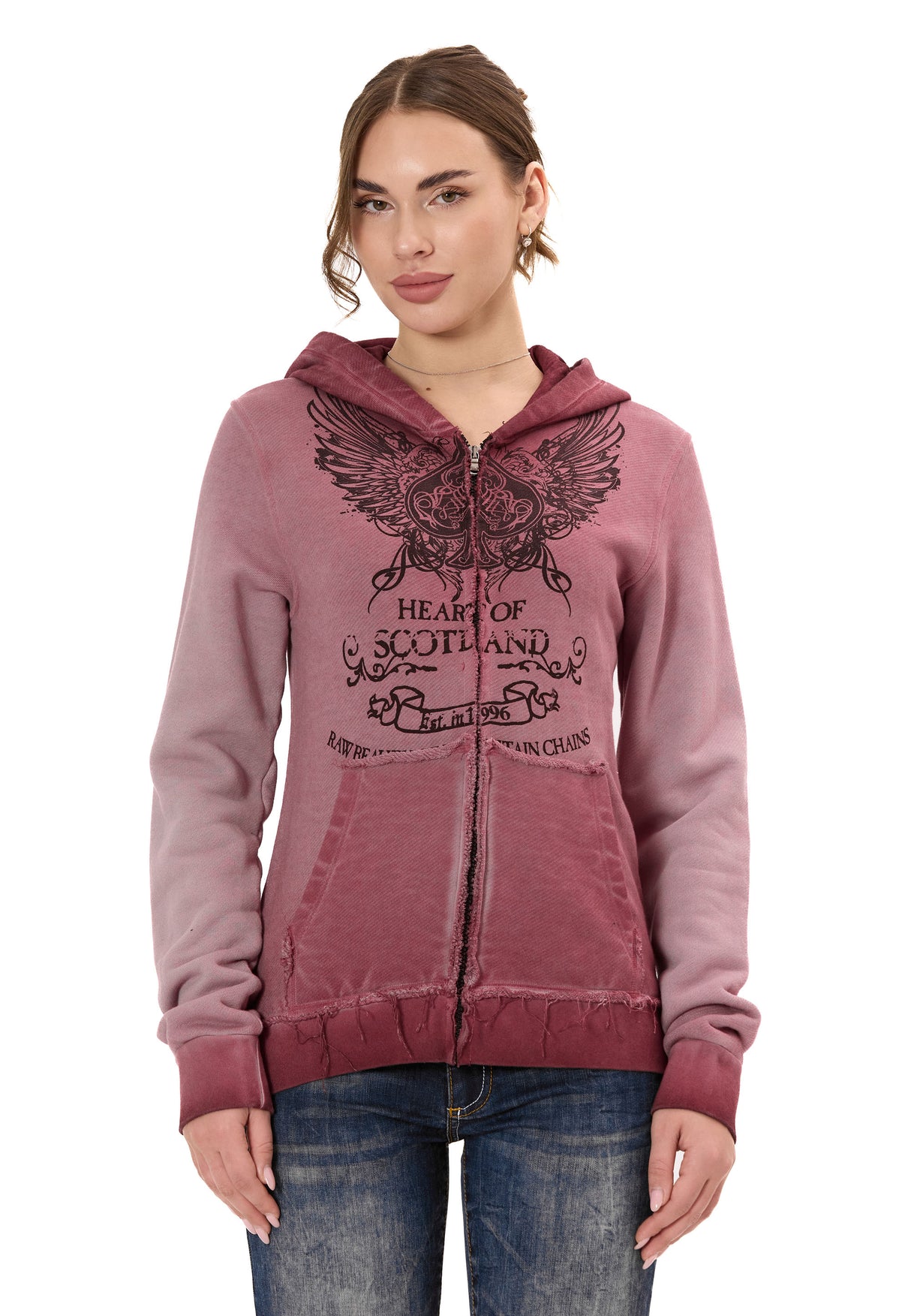 WL372 Kadın Sweatshirt Ceket – Ön Baskılı, Gradyan Kapüşonlu