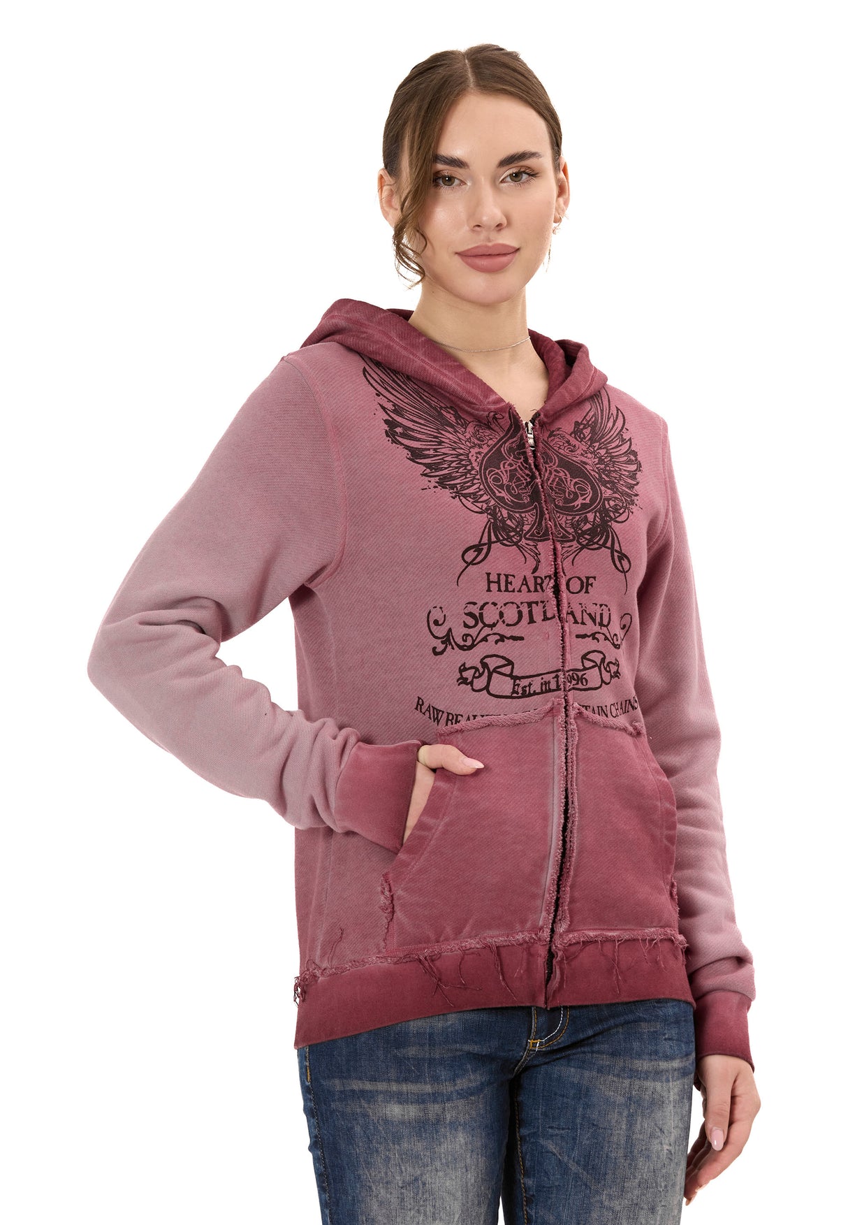 WL372 Kadın Sweatshirt Ceket – Ön Baskılı, Gradyan Kapüşonlu