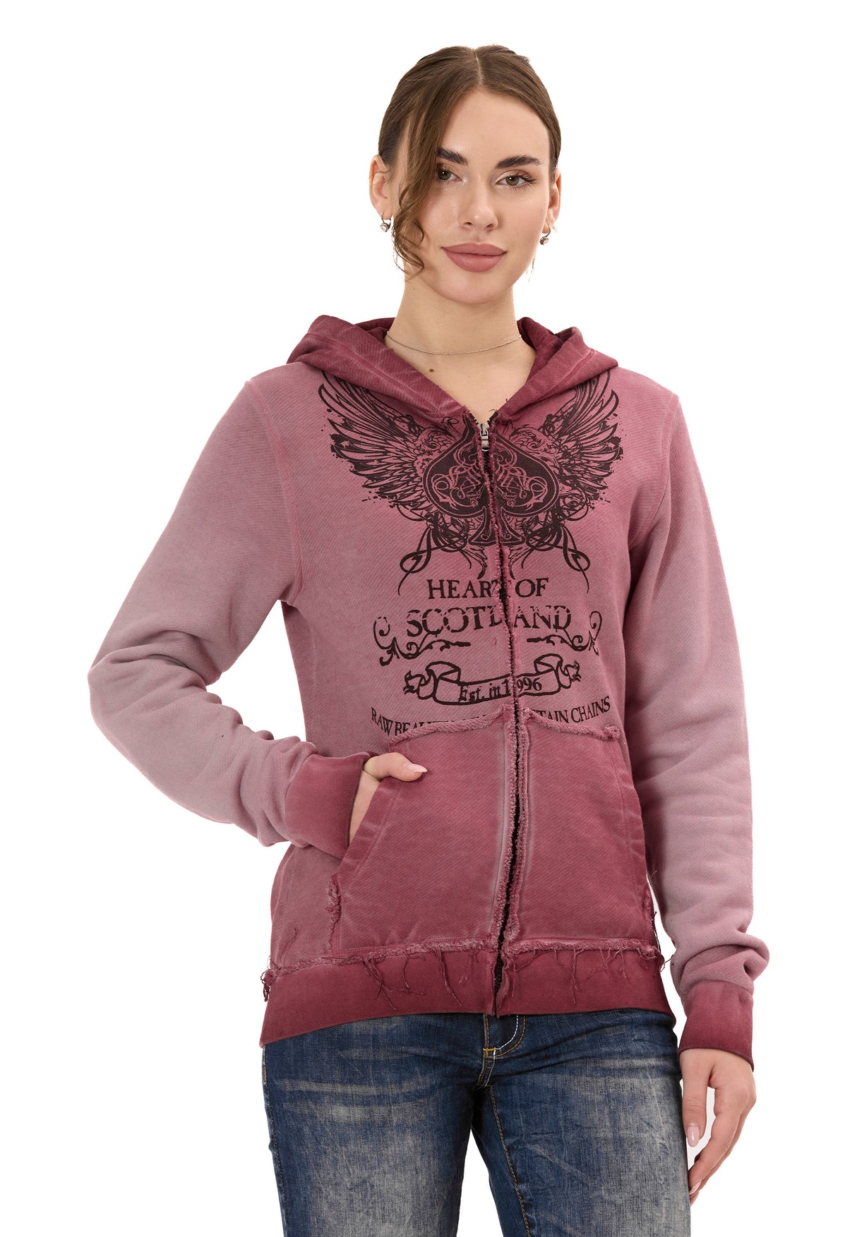 WL372 Kadın Sweatshirt Ceket – Ön Baskılı, Gradyan Kapüşonlu