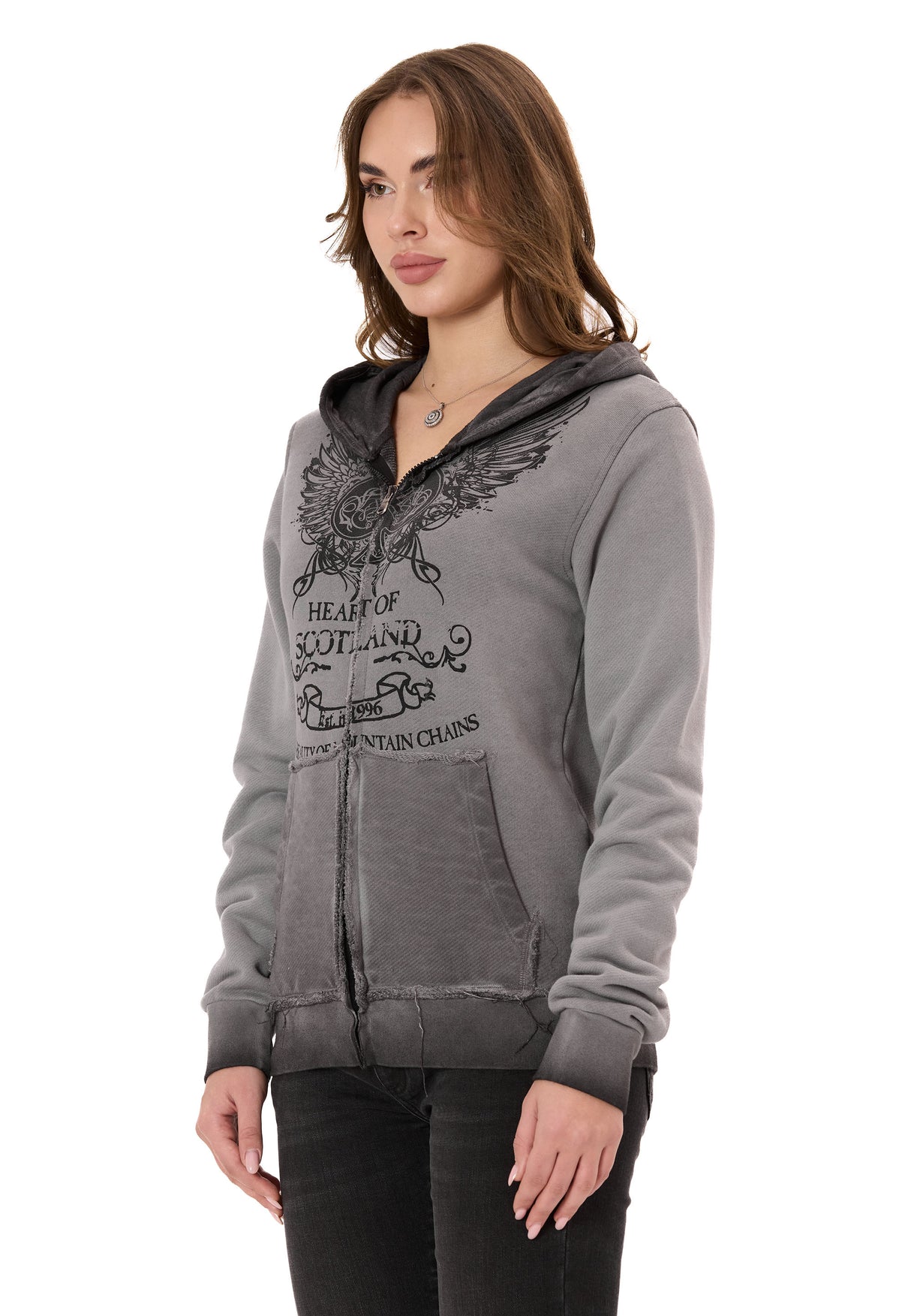 WL372 Kadın Sweatshirt Ceket – Ön Baskılı, Gradyan Kapüşonlu