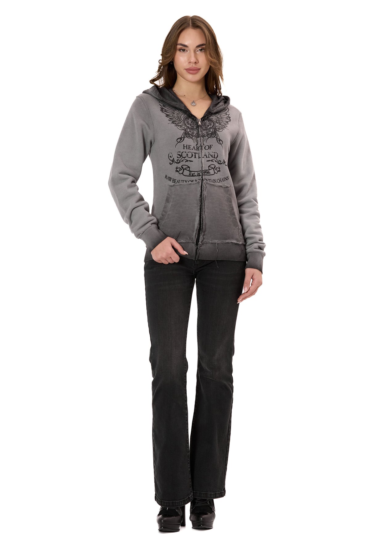 WL372 Kadın Sweatshirt Ceket – Ön Baskılı, Gradyan Kapüşonlu