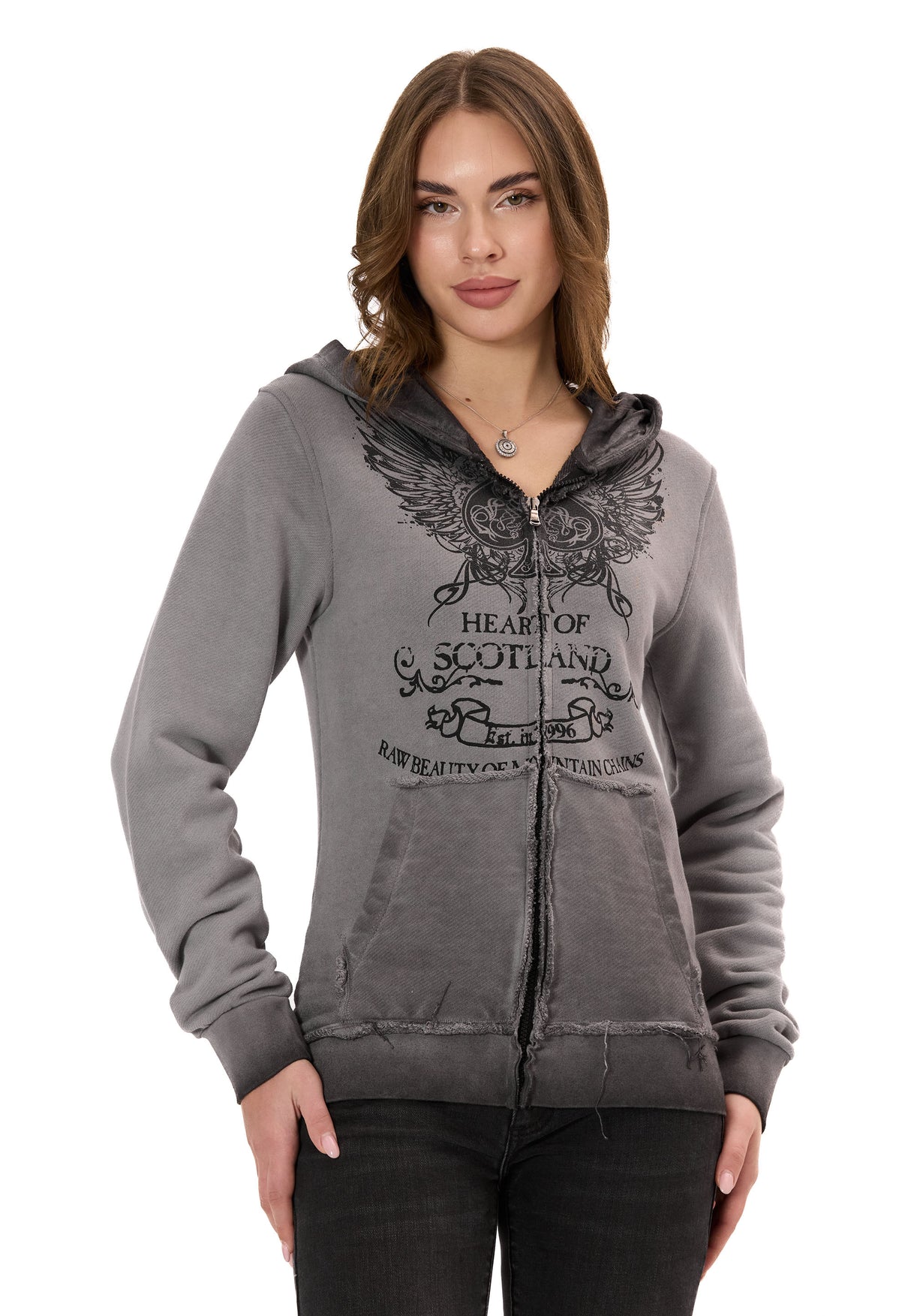 WL372 Kadın Sweatshirt Ceket – Ön Baskılı, Gradyan Kapüşonlu