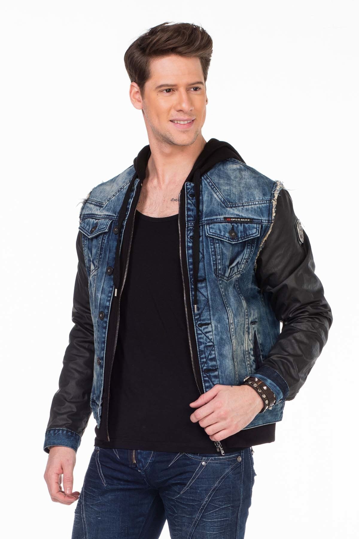 C-1290 Deri Kollu Kapşonlu Denim Ceket