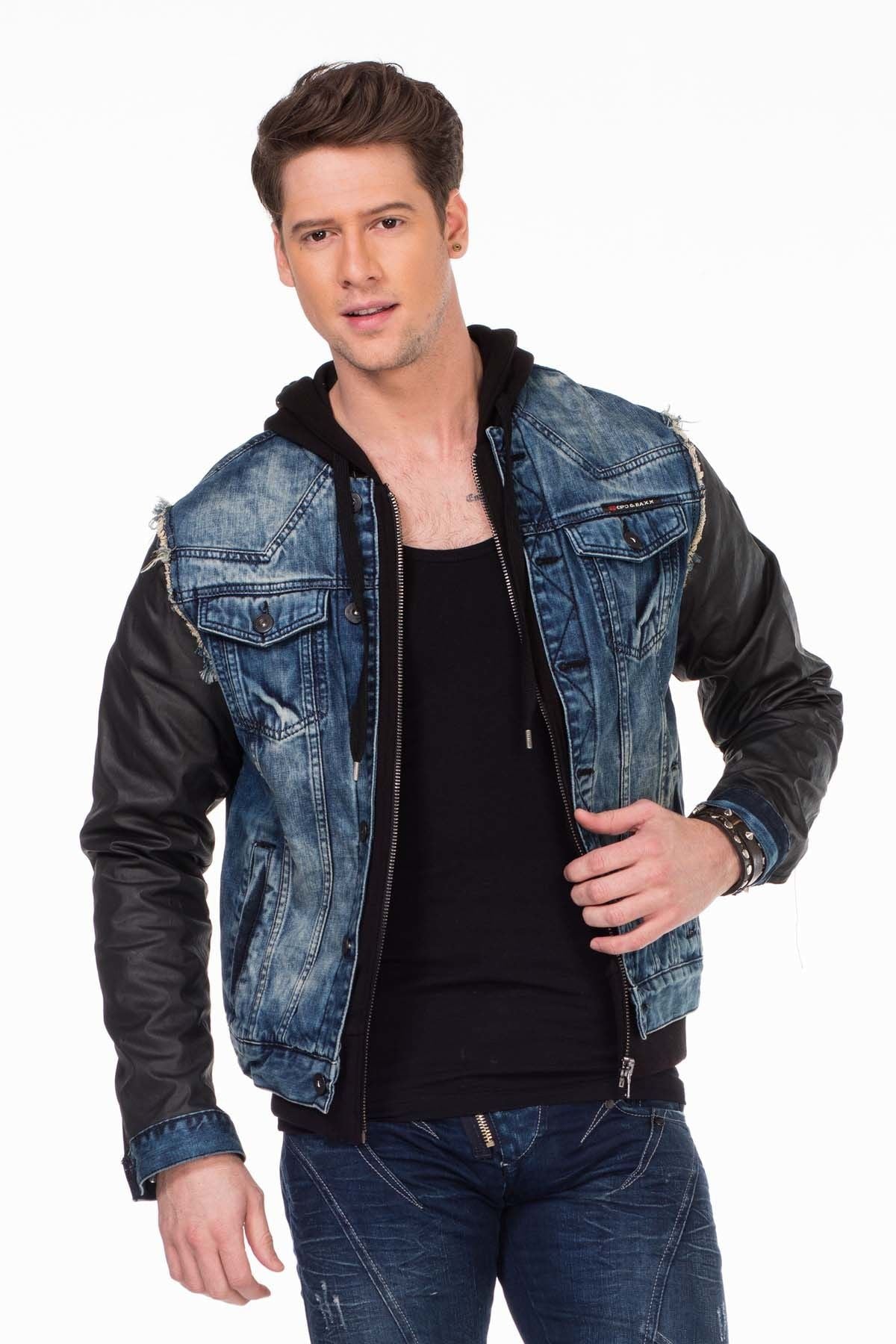 C-1290 Deri Kollu Kapşonlu Denim Ceket