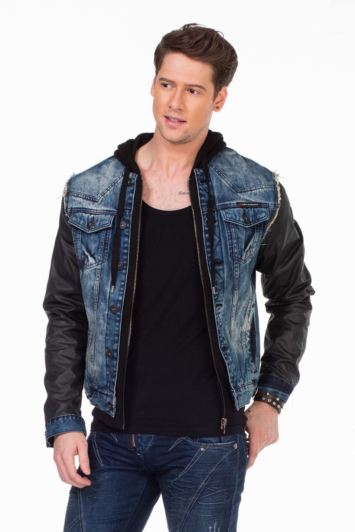 C-1290 Deri Kollu Kapşonlu Denim Ceket