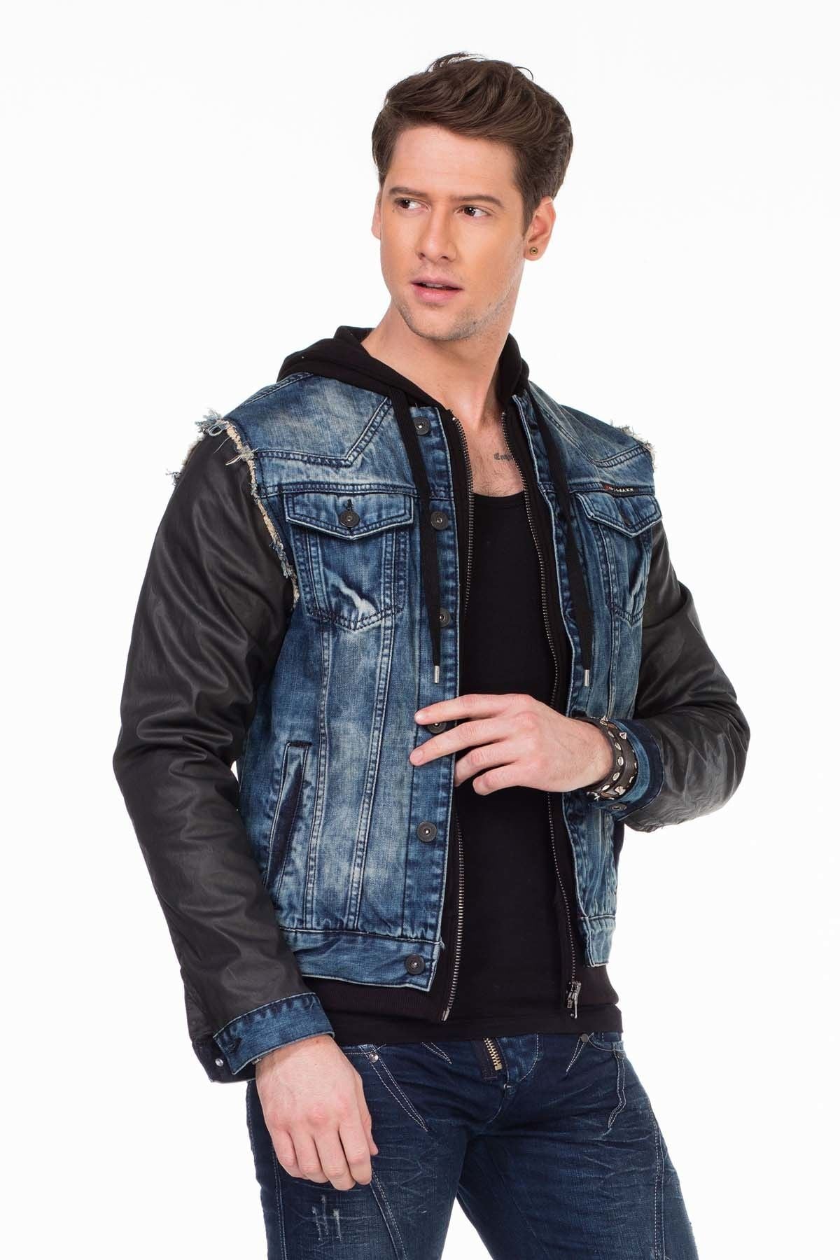 C-1290 Deri Kollu Kapşonlu Denim Ceket