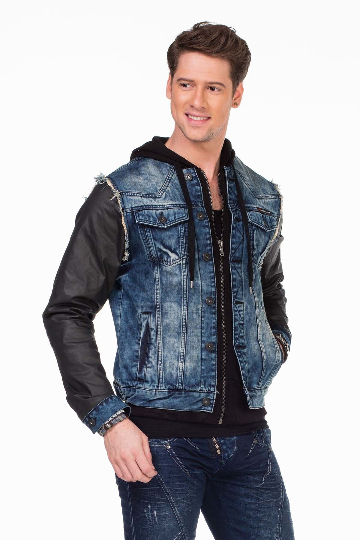C-1290 Deri Kollu Kapşonlu Denim Ceket