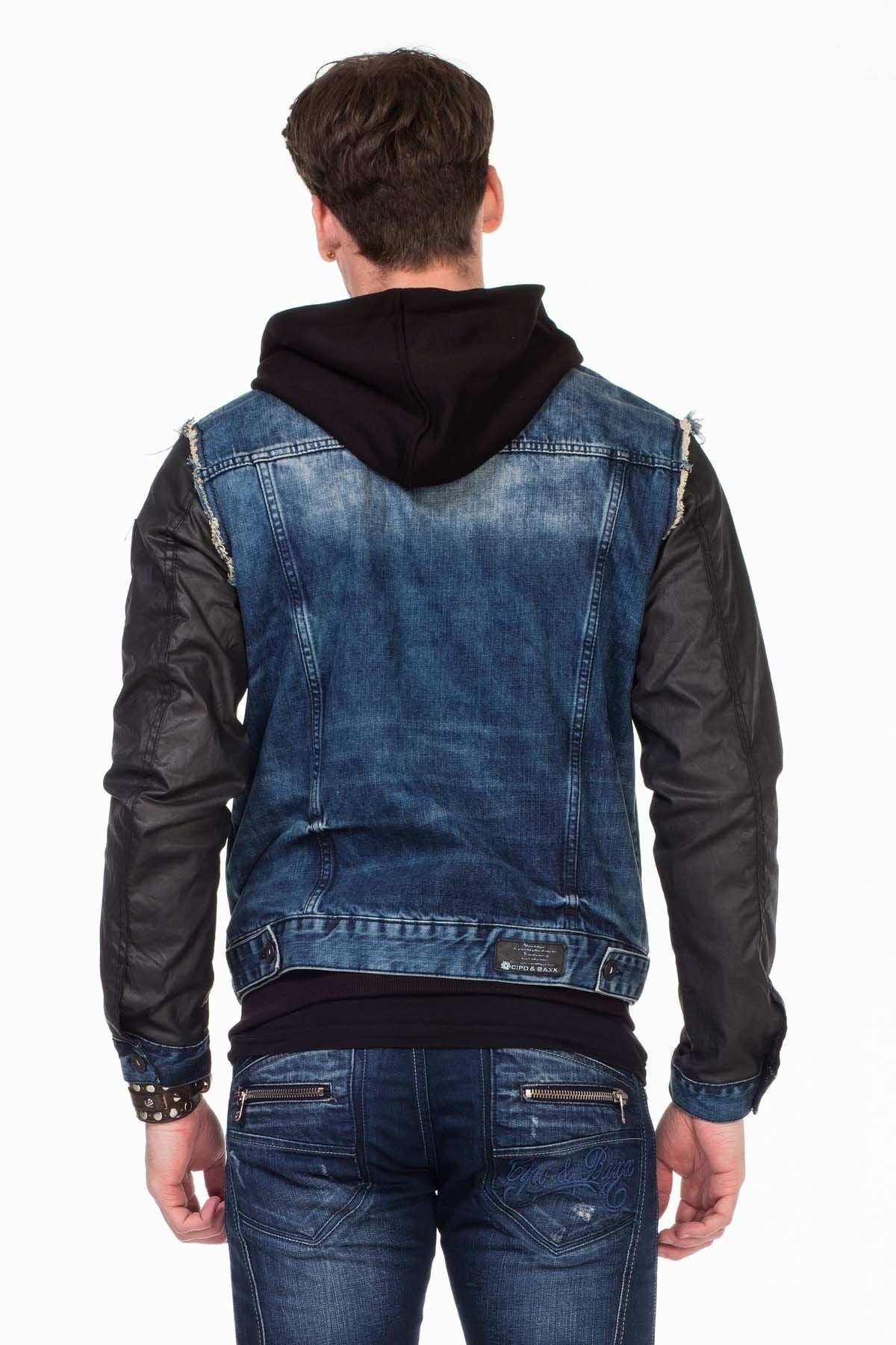 C-1290 Deri Kollu Kapşonlu Denim Ceket