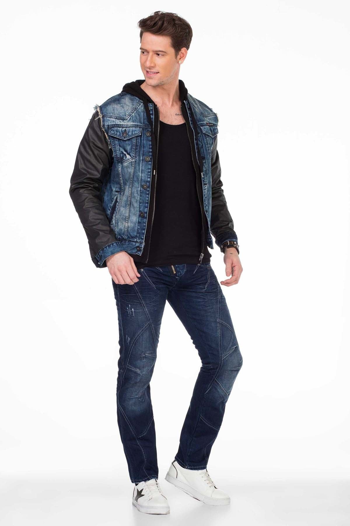 C-1290 Deri Kollu Kapşonlu Denim Ceket