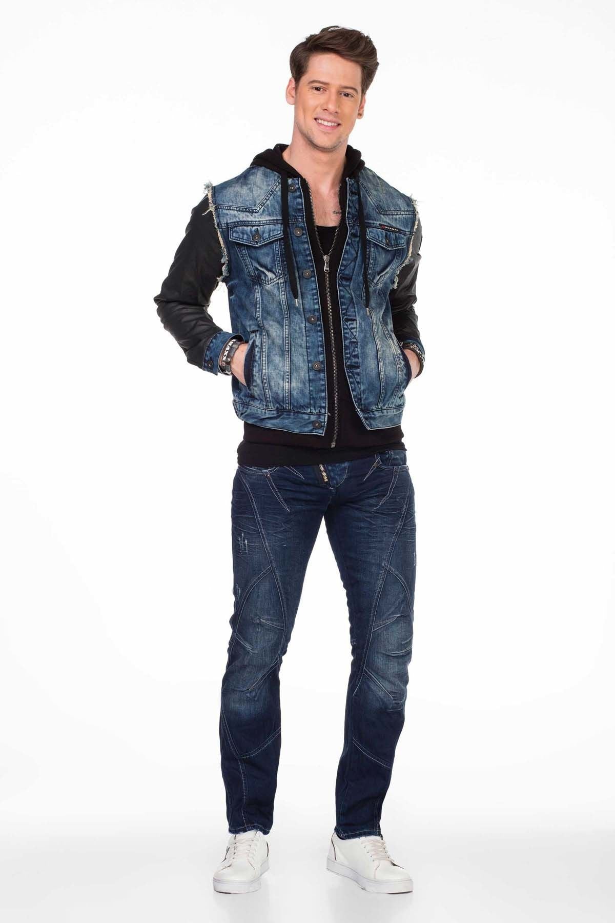 C-1290 Deri Kollu Kapşonlu Denim Ceket