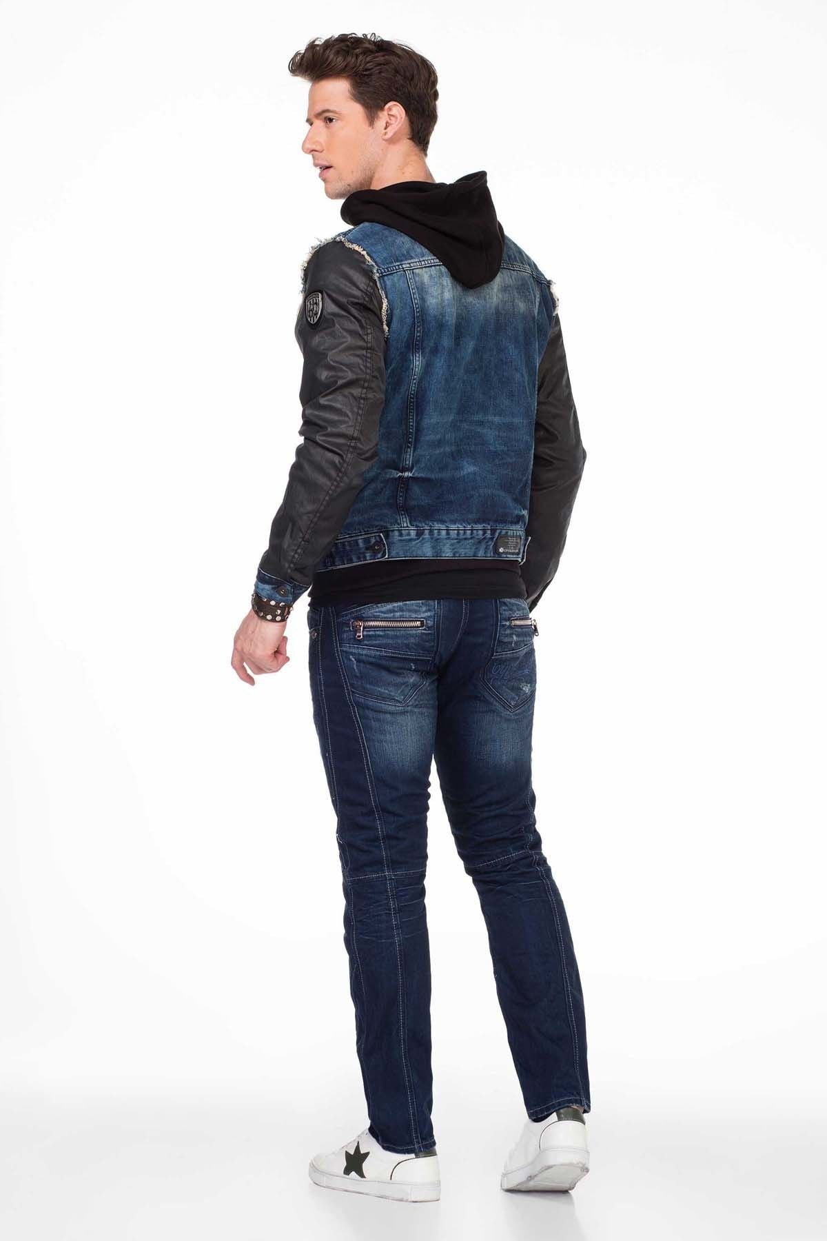 C-1290 Deri Kollu Kapşonlu Denim Ceket