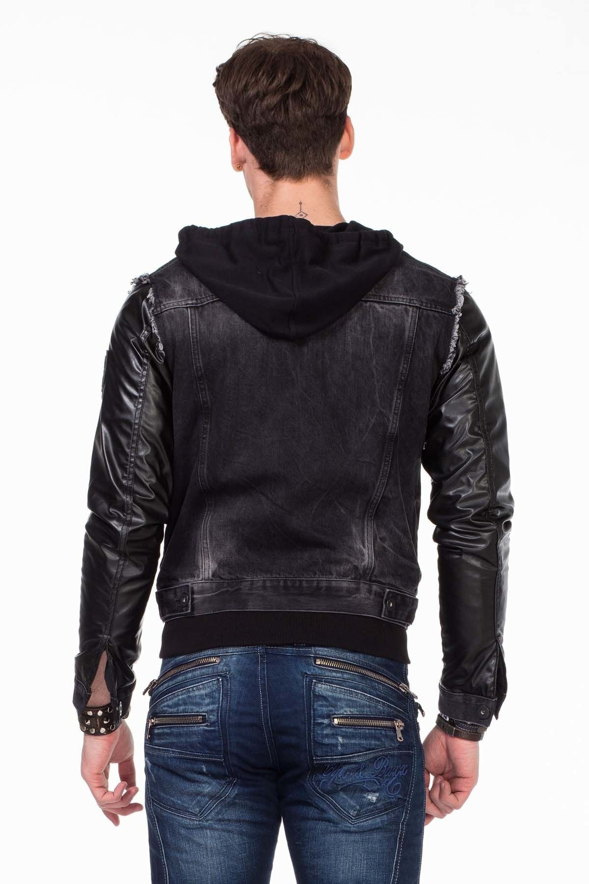 C-1290 Deri Kollu Kapşonlu Denim Ceket