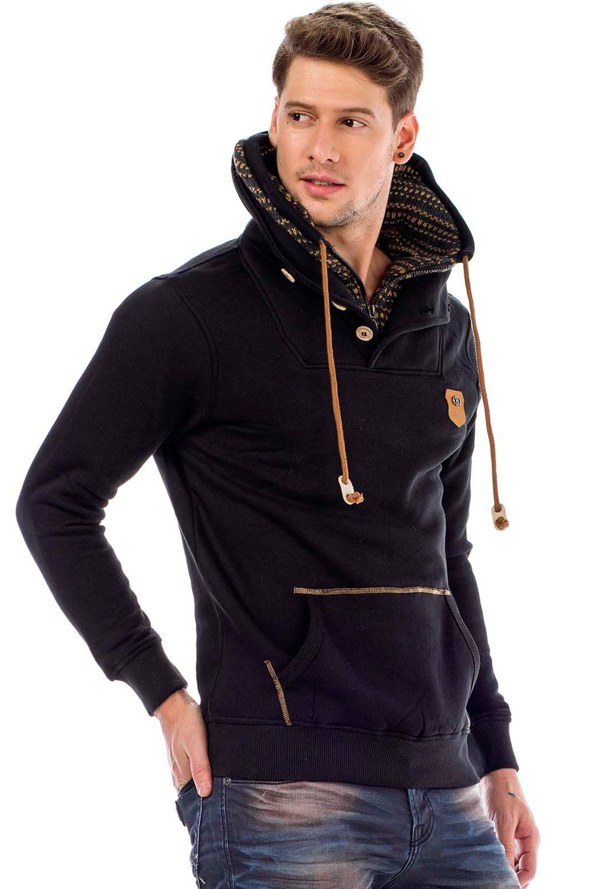 C44200 Çift Kat Yaka Örgü Detay Erkek Sweatshirt