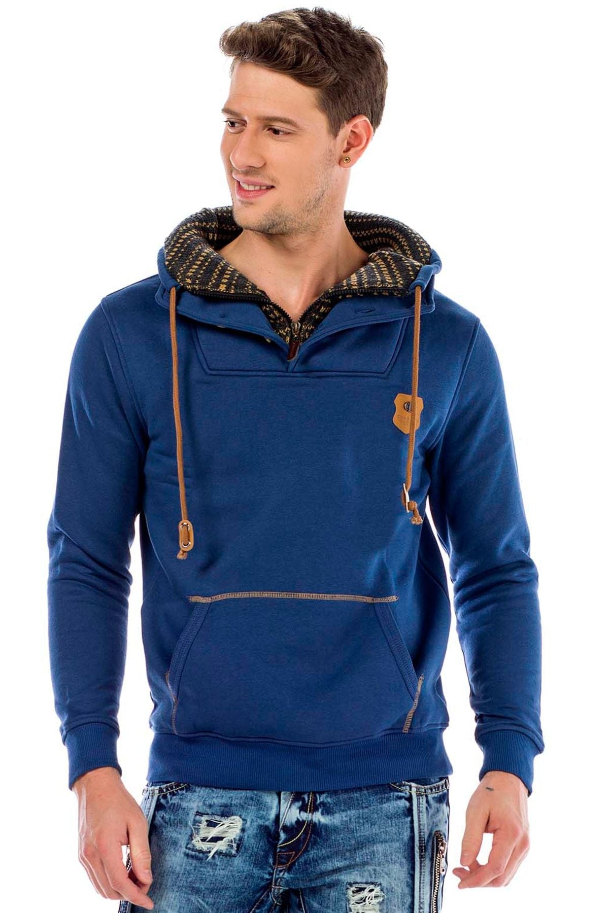 C44200 Çift Kat Yaka Örgü Detay Erkek Sweatshirt