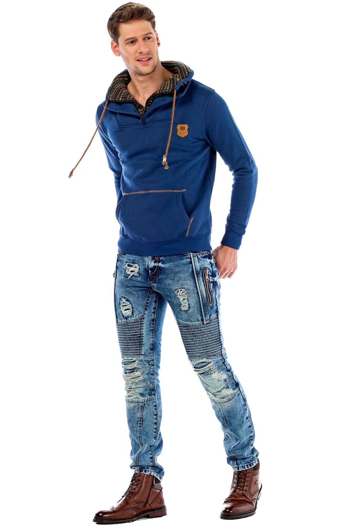 C44200 Çift Kat Yaka Örgü Detay Erkek Sweatshirt