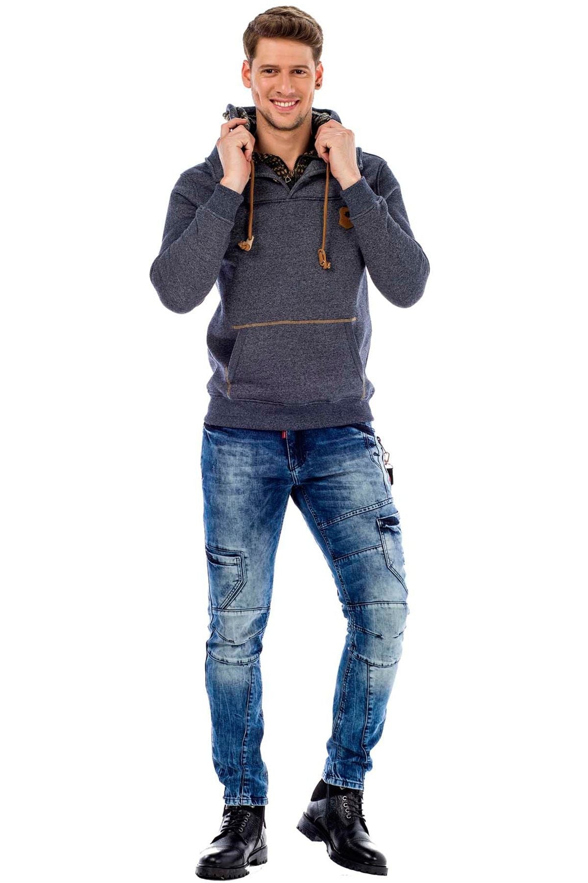 C44200 Çift Kat Yaka Örgü Detay Erkek Sweatshirt