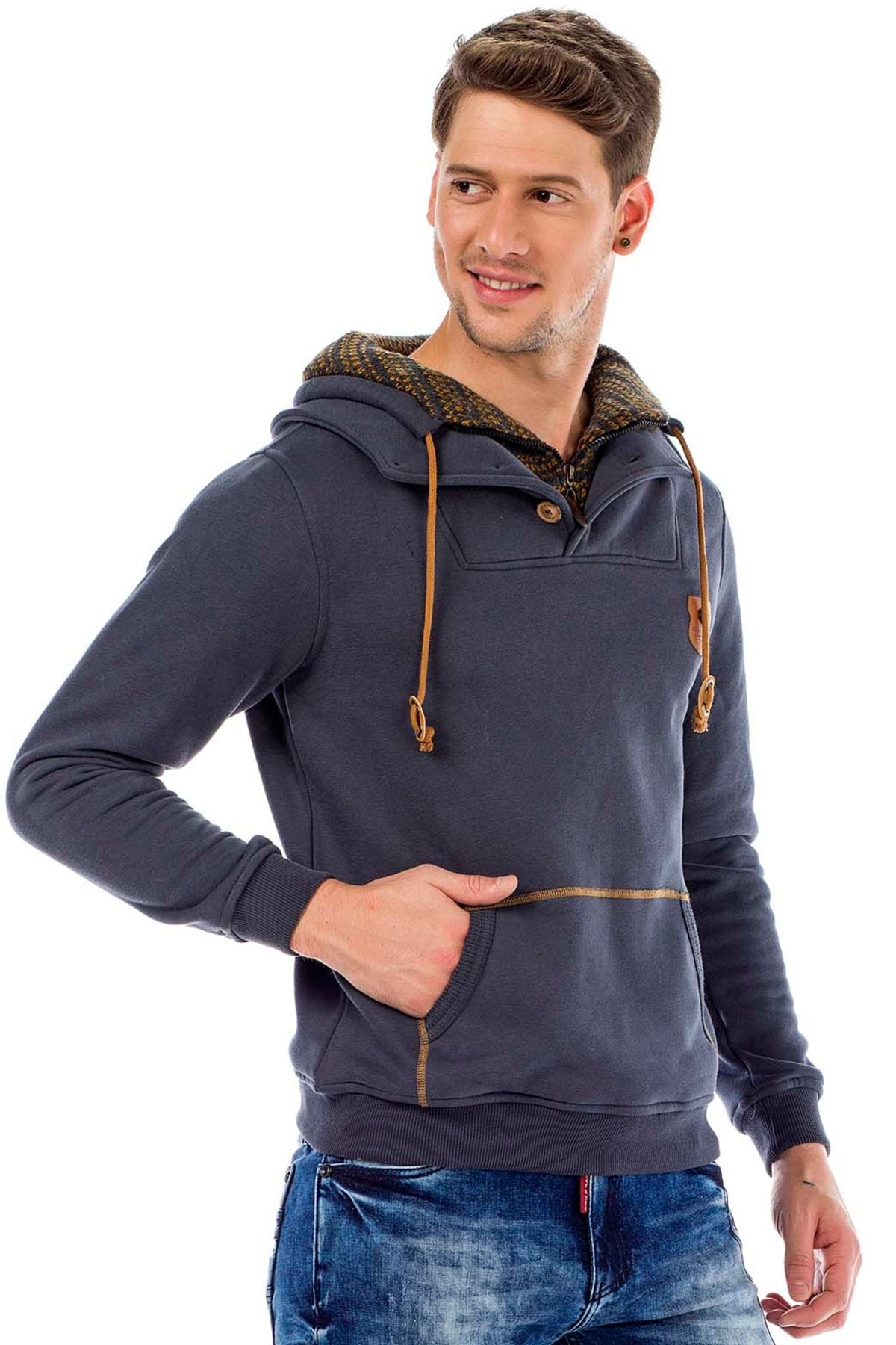 C44200 Çift Kat Yaka Örgü Detay Erkek Sweatshirt