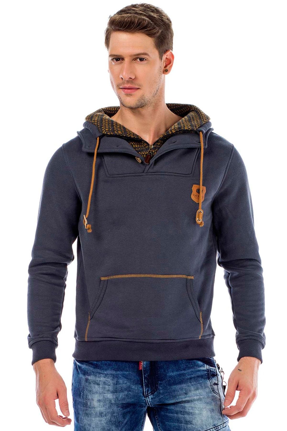 C44200 Çift Kat Yaka Örgü Detay Erkek Sweatshirt