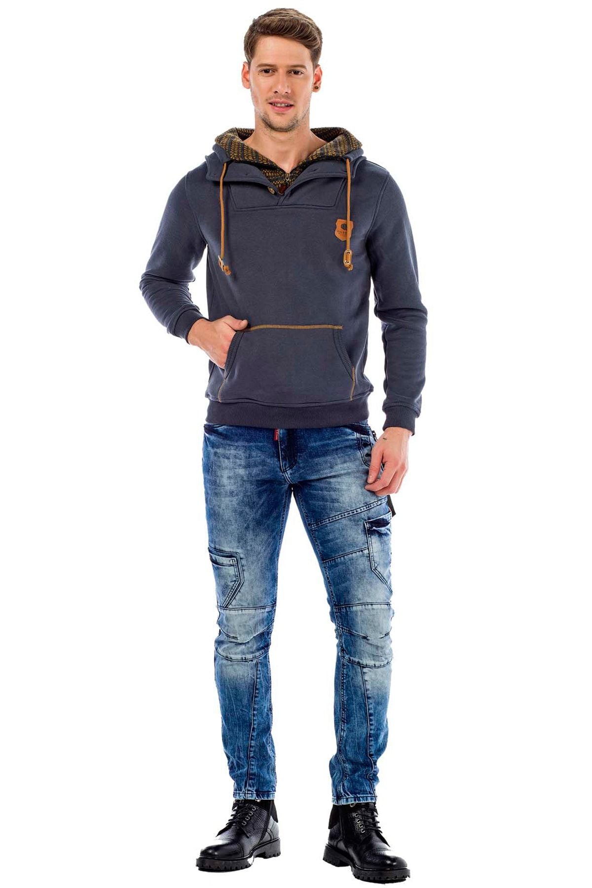 C44200 Çift Kat Yaka Örgü Detay Erkek Sweatshirt