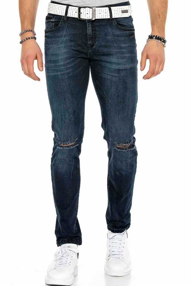 CD375 Zincirli Dizi Yırtık Lacivert Slim Fit Erkek Jean