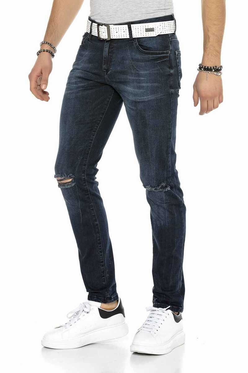 CD375 Zincirli Dizi Yırtık Lacivert Slim Fit Erkek Jean